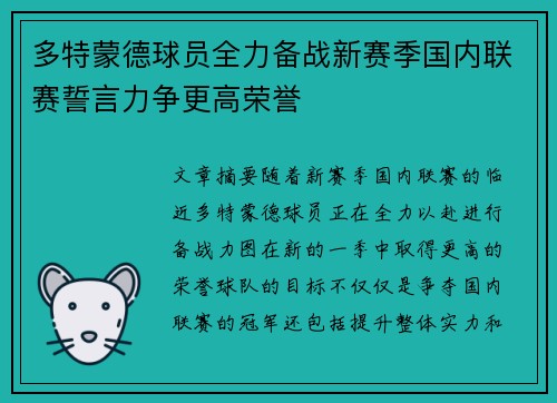 多特蒙德球员全力备战新赛季国内联赛誓言力争更高荣誉